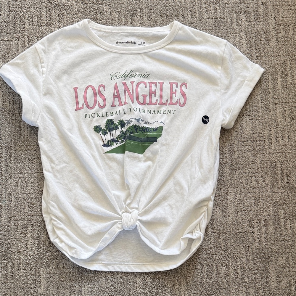 abercrombie kids White Tee with Pink Los Angeles Graphic and Green Scene